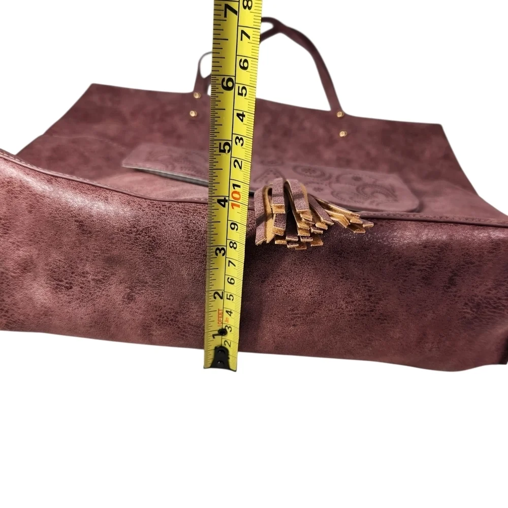 Vegan Leather Tote Bag With Tassel And Gold Trim Large Burgundy